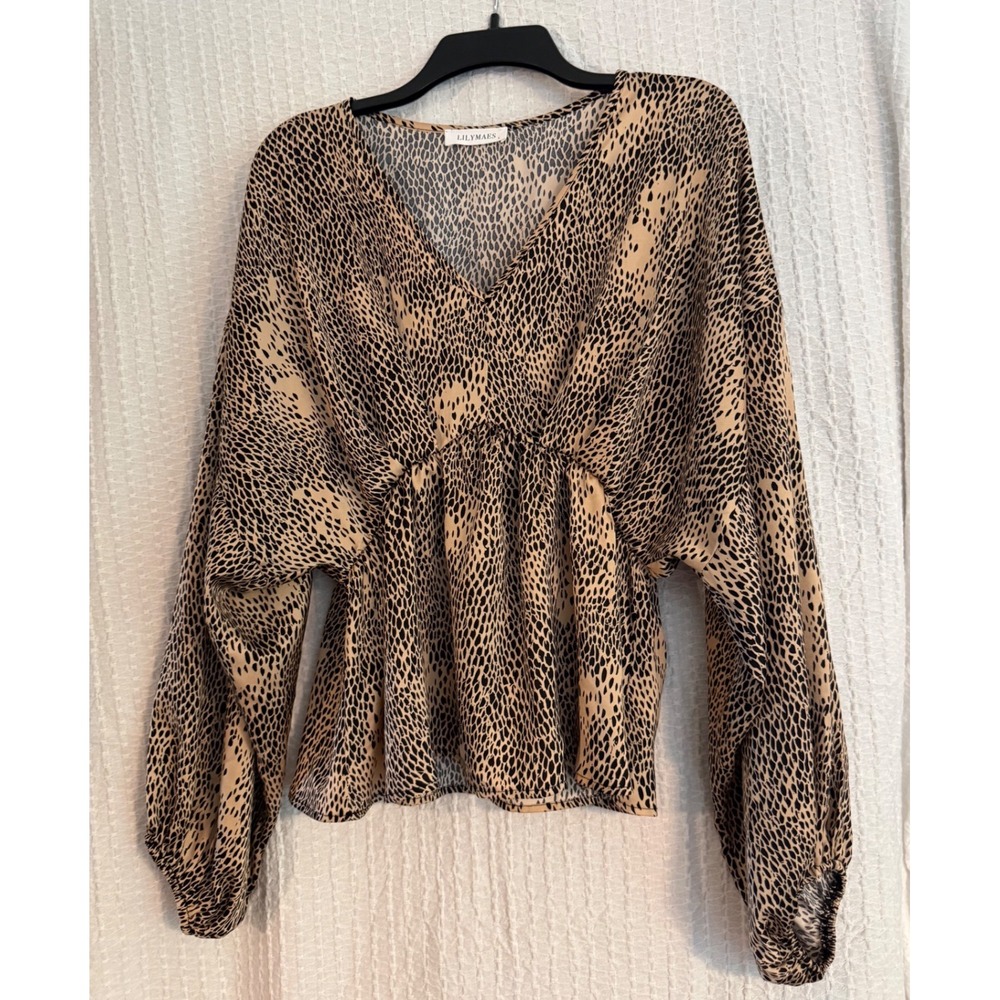 Lilymaes Blouse Women Large Tan Black Excellent Animal Print Empire Waist Top